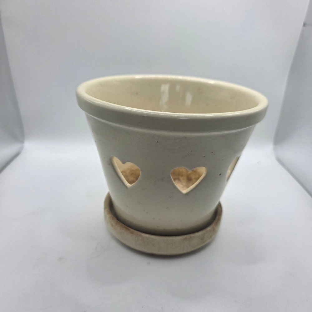 Norcal Pottery Cream Ceramic Orchid Planter Heart Cutouts Attached Saucer Pot